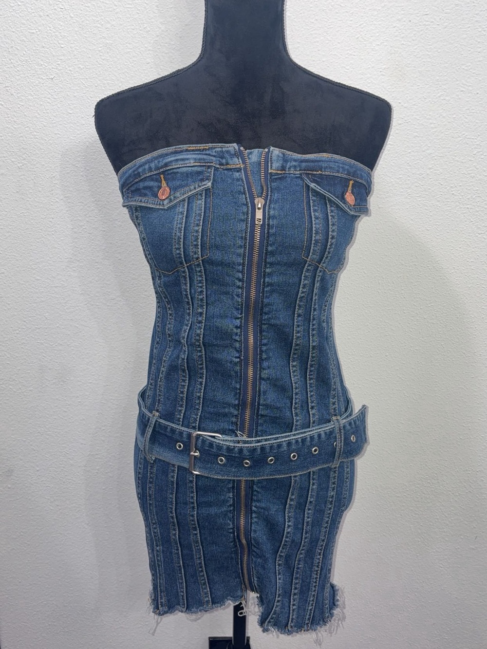 Strapless Blue Denim Mini Dress with Belt